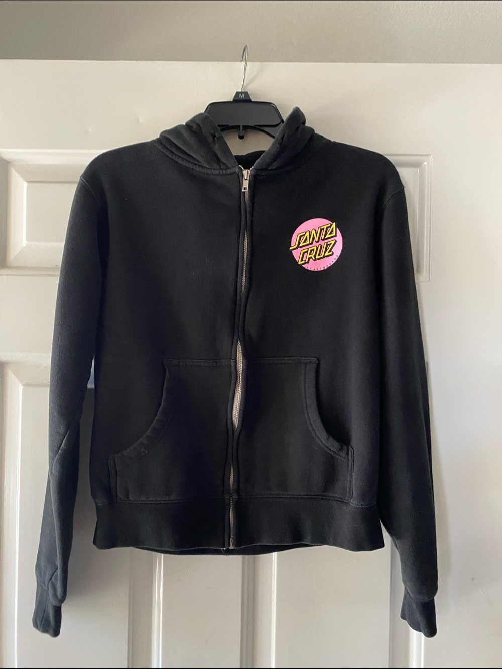 Santa Cruz Skateboards Black Zip Hoodie with Pink & Yellow Logo